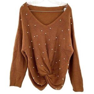 SHEIN Brown V-Neck Sweater with Pearl Accents